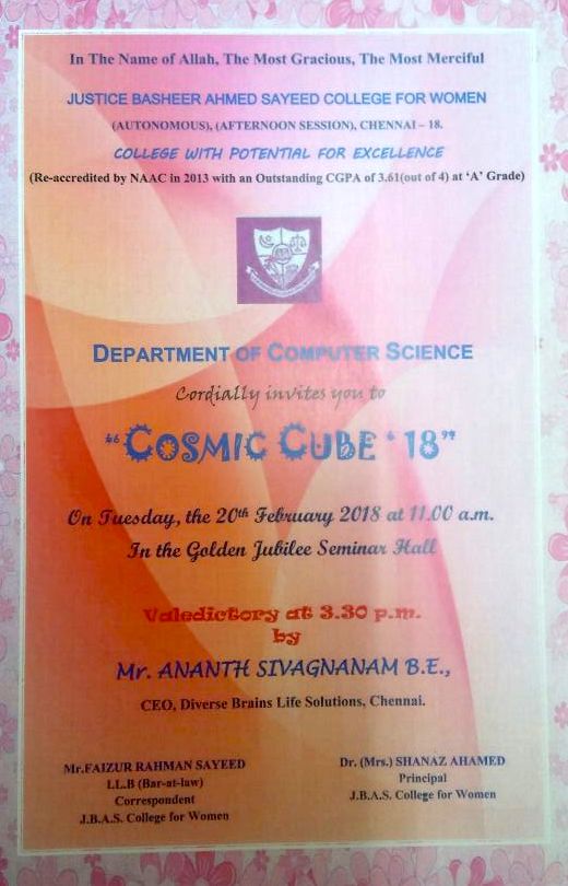 JBAS College for Women, Chennai, Computer Science Department, Chief Guest, Ananth Sivagnanam